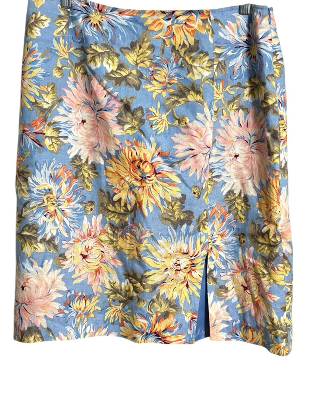 Talbots 100% Linen Blue Tropical Floral Midi Skirt with Front Slit Size 14